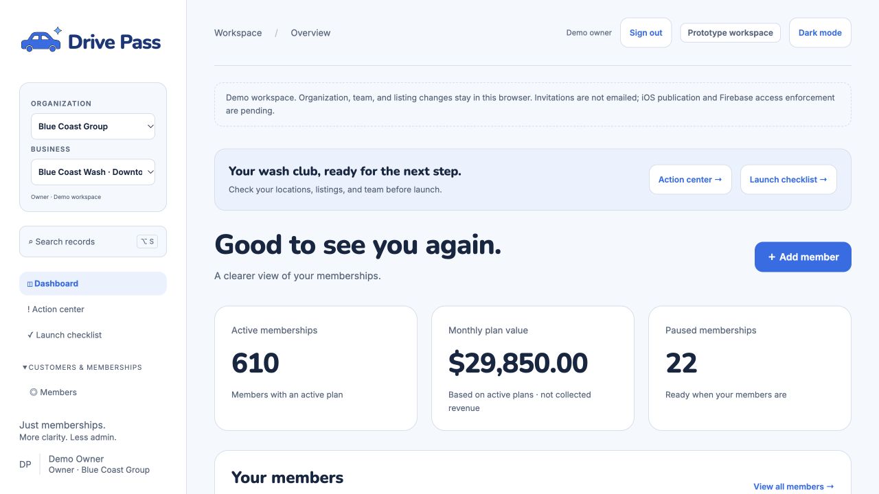 Drive Pass membership dashboard with sample data