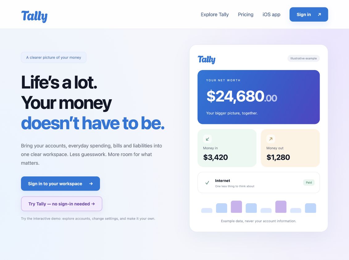 Tally homepage with a financial overview and spending dashboard